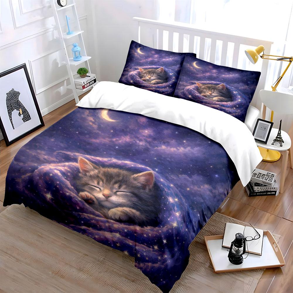 Kitten sleeping in starlit night Print Bedding Set 1 Duvet Cover 2 Pillowcases for Adult and Children Luxury Gift Full Size