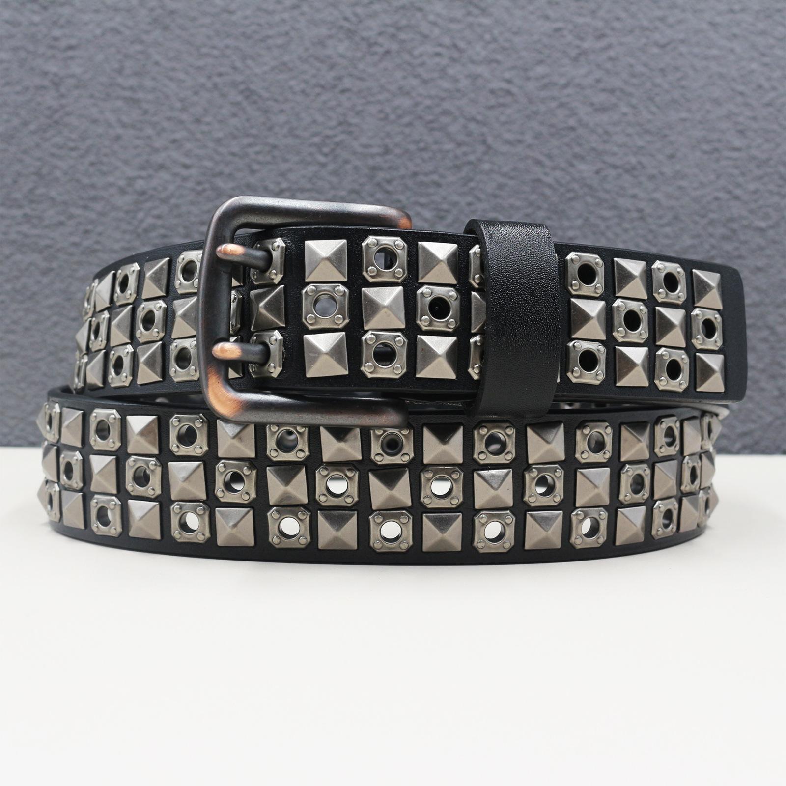Heavy Duty Rivet Leather Belt, Leather Double Needle Belt, Square Nail Hollow Cornstarch Accessories American Punk 125cm