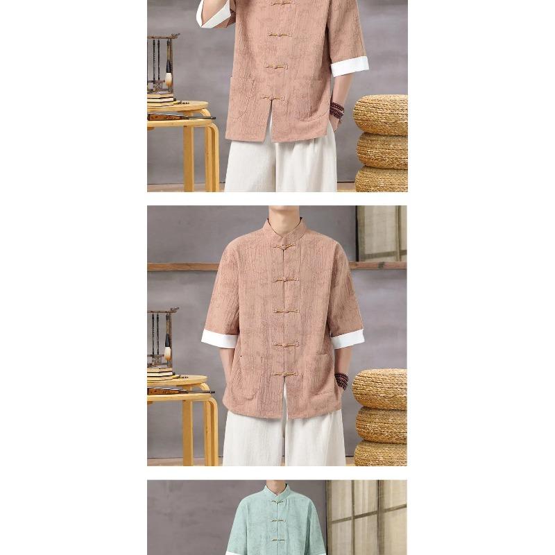 Men's Lightweight Mandarin Collar Printed Shirt Summer Chinese Style Oriental Design Casual Cultural Wear