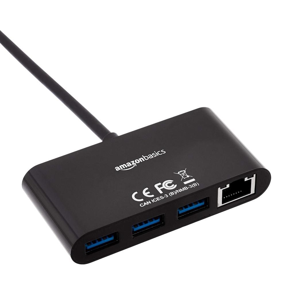 AmazonBasics USB Hub Adapter 4 Port USB with Gigabit Ethernet Port RJ45 Black 3.0