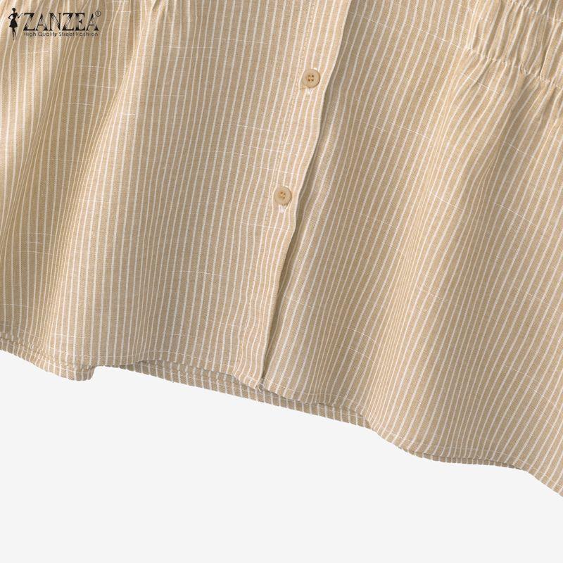 ZANZEA Women Casual Round Neck Loose Short Sleeve Stripe Blouse