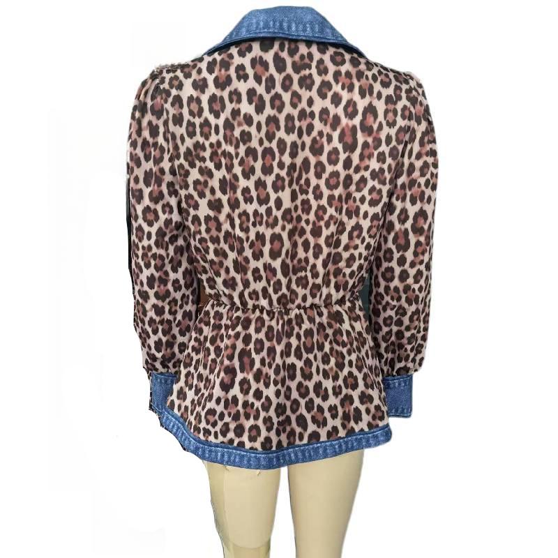 2026 New Style Women's Casual Fashion Patchwork Denim Shirt with Leopard Print and Single Button Closure
