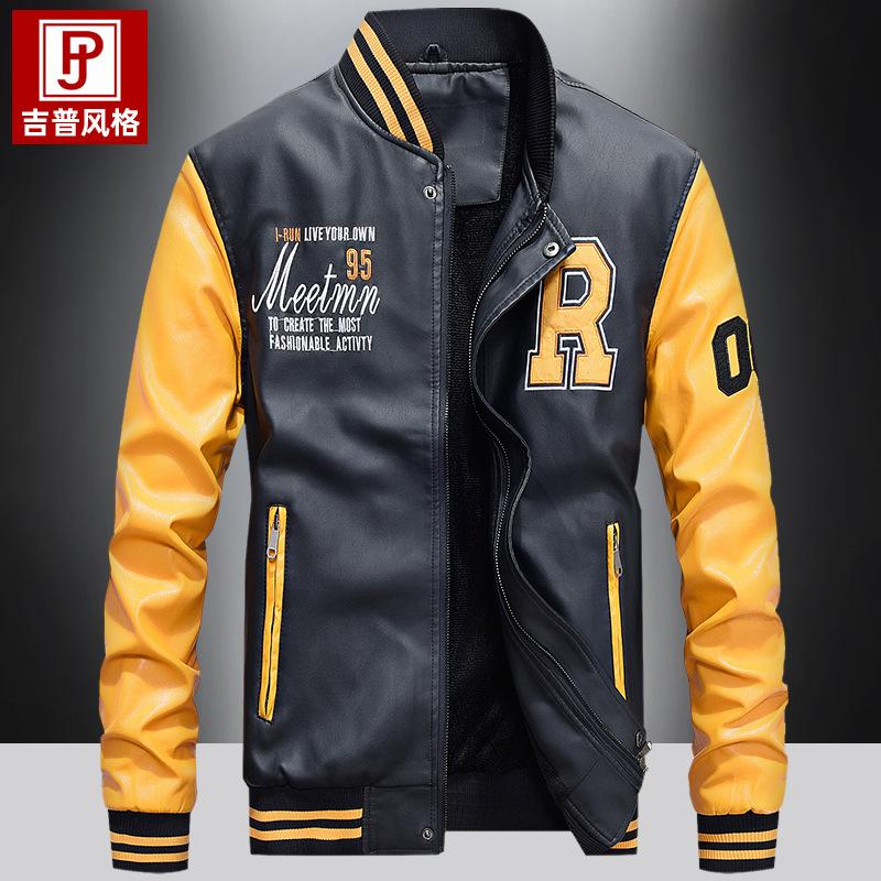 Herbst und Winter neue Lederjacke Herren Samt Motorradlederjacke trendige Jugend Baseballuniform bestickte Lederjacke