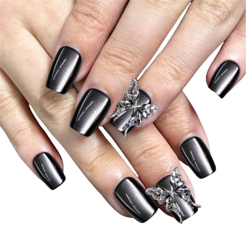 

10Pcs Cats Eye Square Faux Nail with 3D Butterfly and Glossy Metallic Gray Designs Easy DIY Press On Nail for Parties L