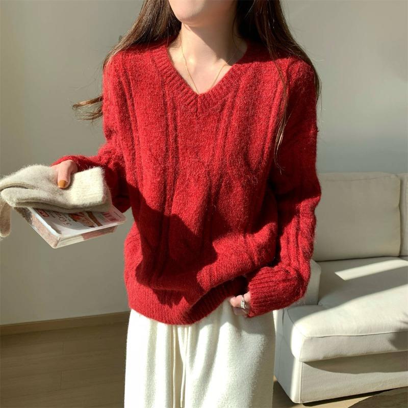 

V-neck loose twist knitted sweater women s spring thickened imitation alpaca hair inner top bottoming shirt L красный