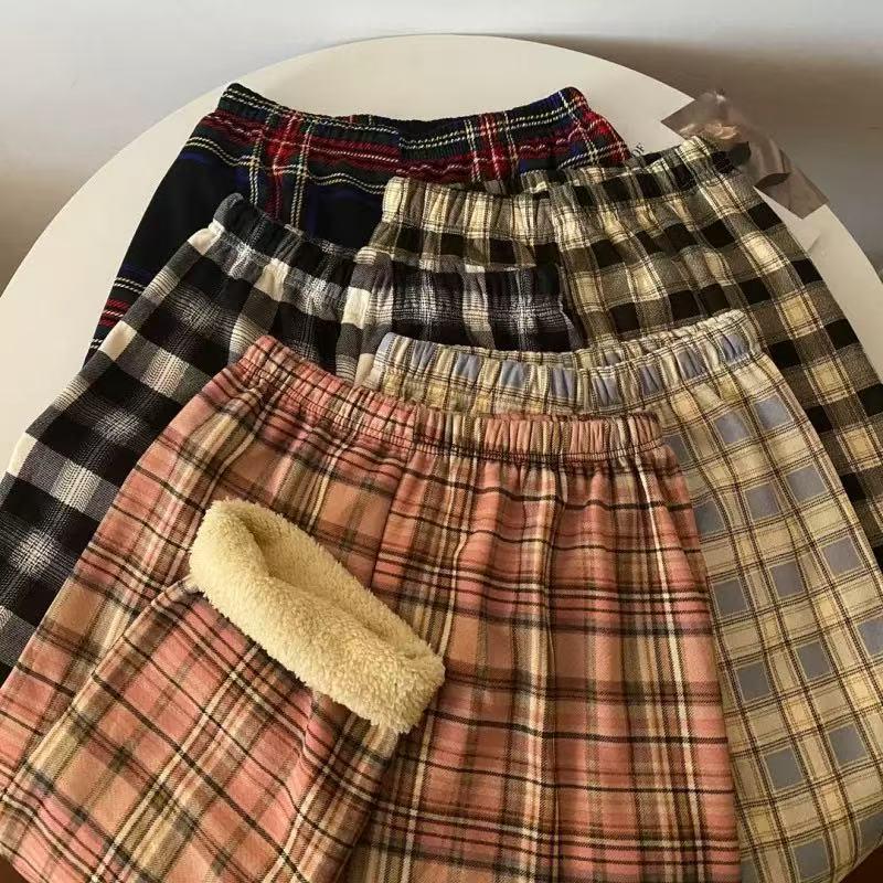 Women's High-Waisted Plaid Wide-Leg Pants - Autumn/Winter Casual Velvet Trousers