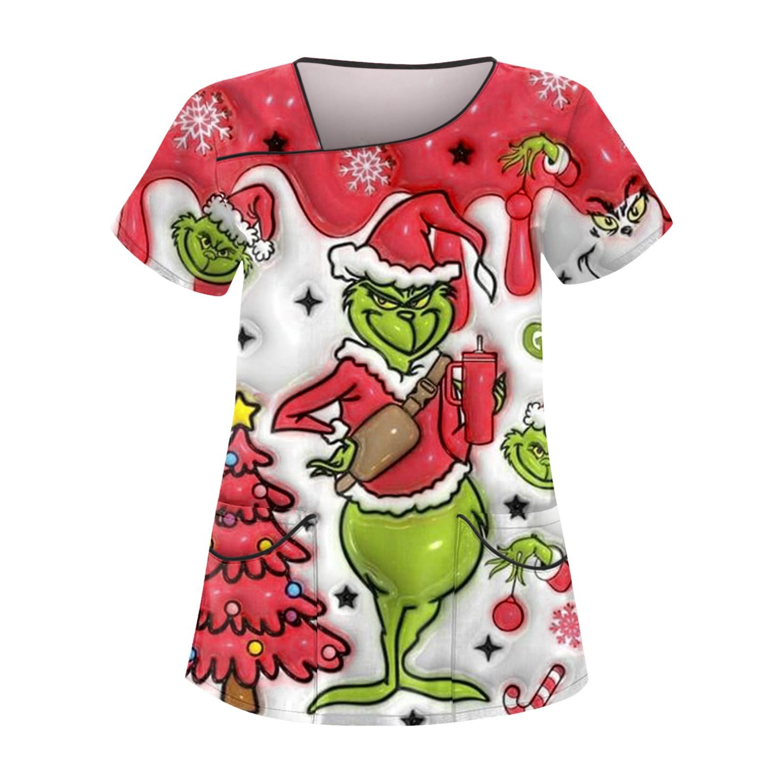 

Женская рождественская рабочая одежда с принтом, косым воротником и двухслойными карманами, базовые топы, пуловер S красный