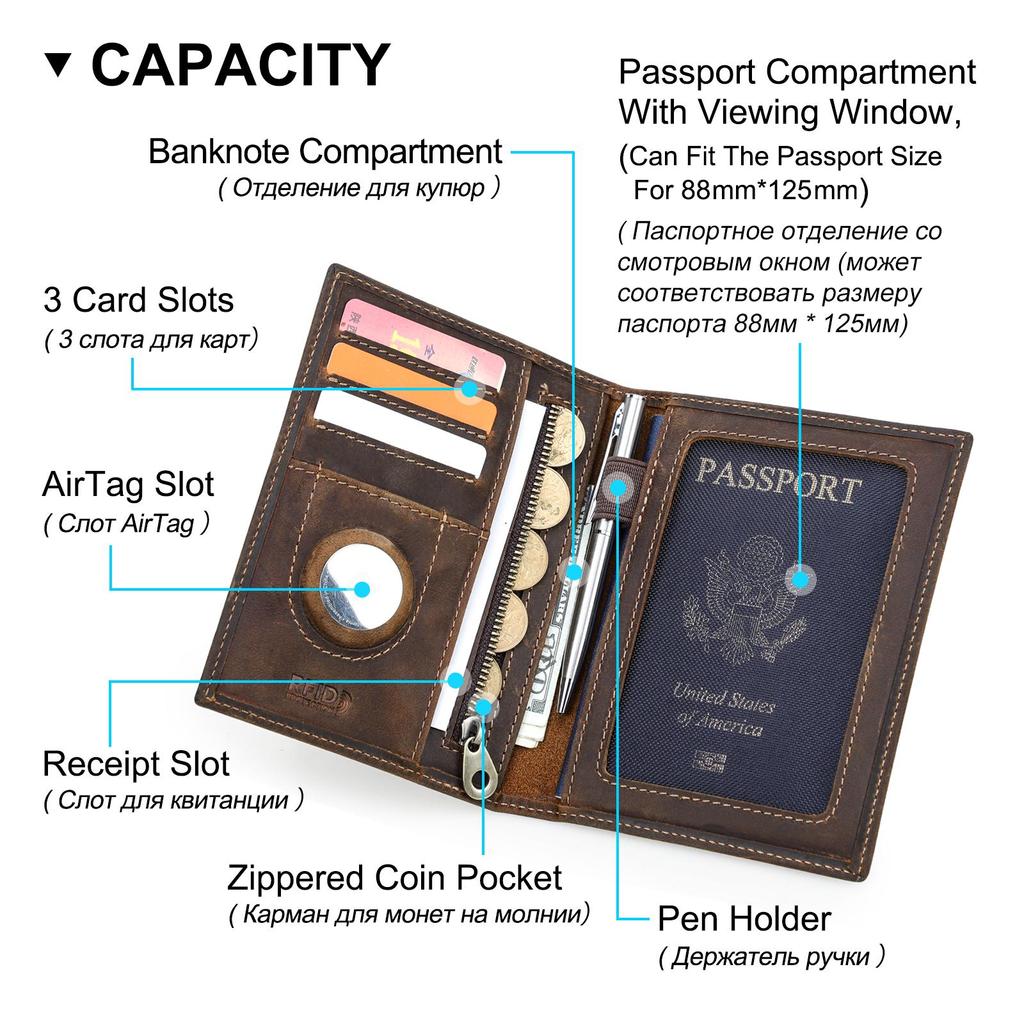 Genuine Leather Passport Wallet Passport Holder RFID Blocking Business Credit Card Holder Anti-lost Purse AirTag Slot