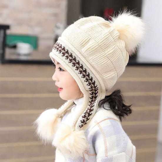 3-12 Years Autumn Winter Kids Beanie Hairball Solid Color Thickened Fleece Lined Jacquard Baby Girls Knitted Hat for Outdoor
