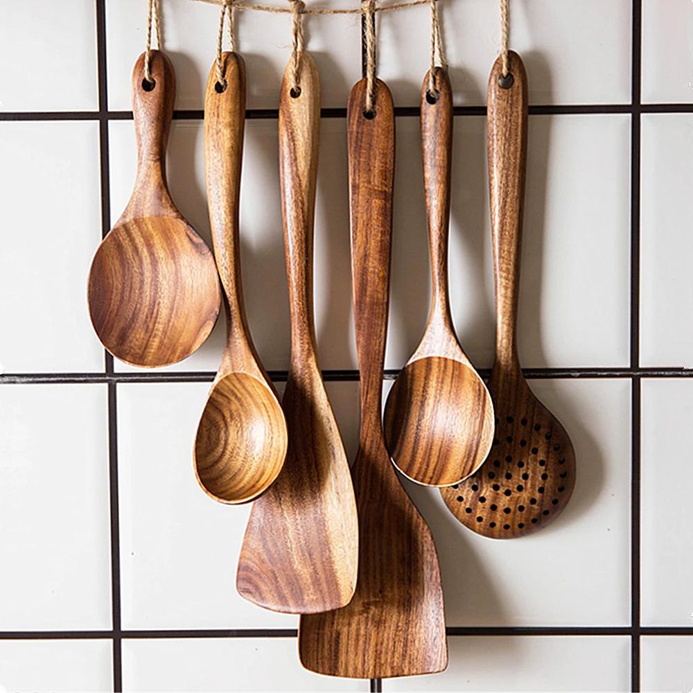 Thailand Teak Natural Wood Tableware Spoon Ladle Turner Long Rice Colander Soup Skimmer Cooking Spoons Scoop Kitchen Tool Set