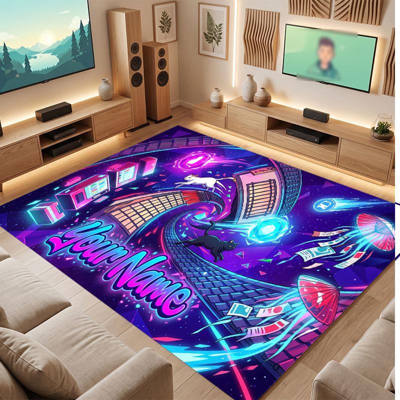 City Cyberpunk Theme Crystal Velvet Floor Rug Personalized Custom Name Text Warm Carpet Home Decoration