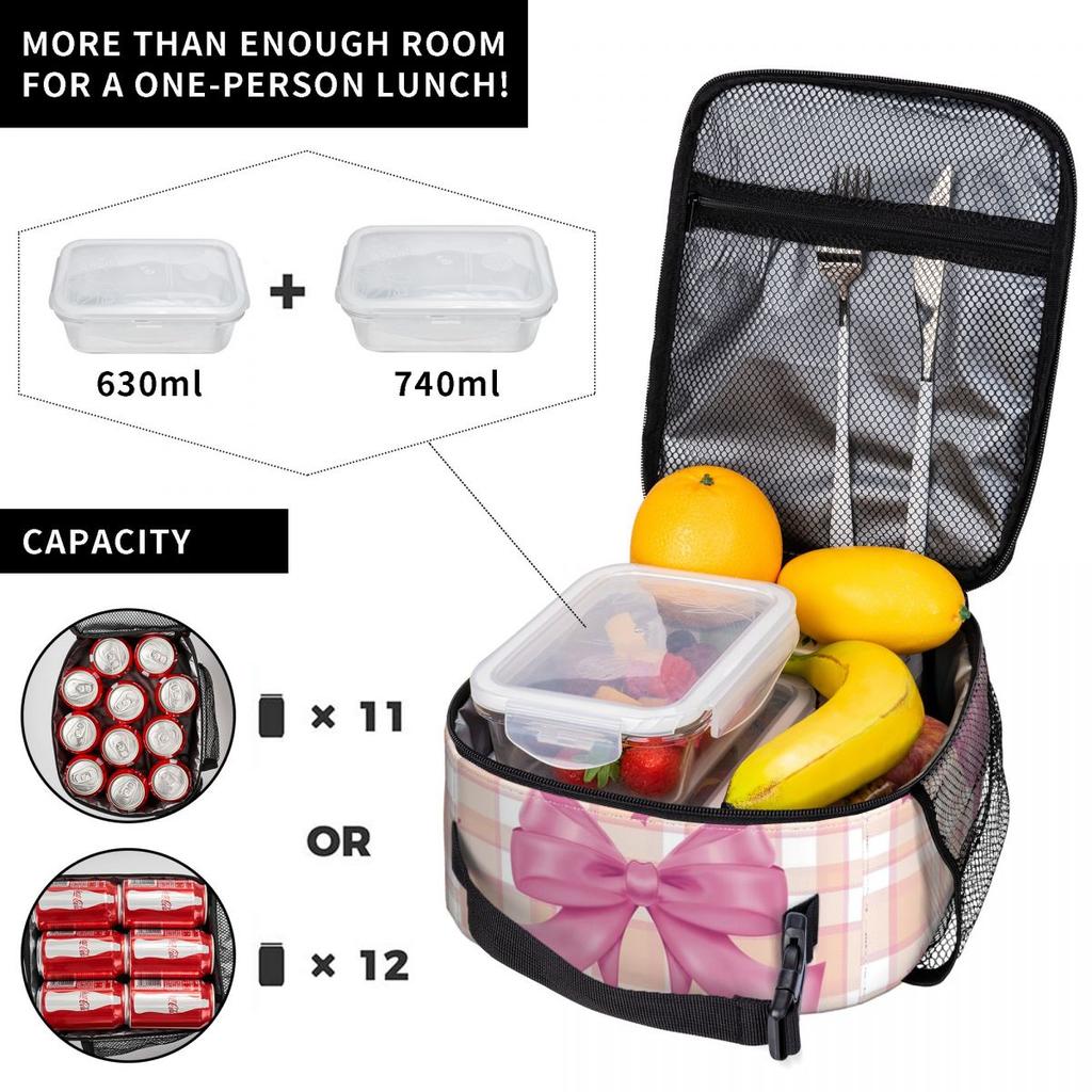 Pink Plaid, Bows And Stars Insulated Lunch Bag for Women Children Portable Food Boxes Thermal Lunch Box Tote