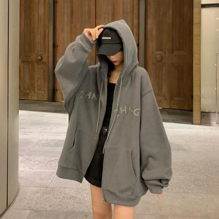 Women's 65% Cotton Embroidered Hooded Sweatshirt - Korean Style Loose Zip-up Jacket (2025 Student Collection)