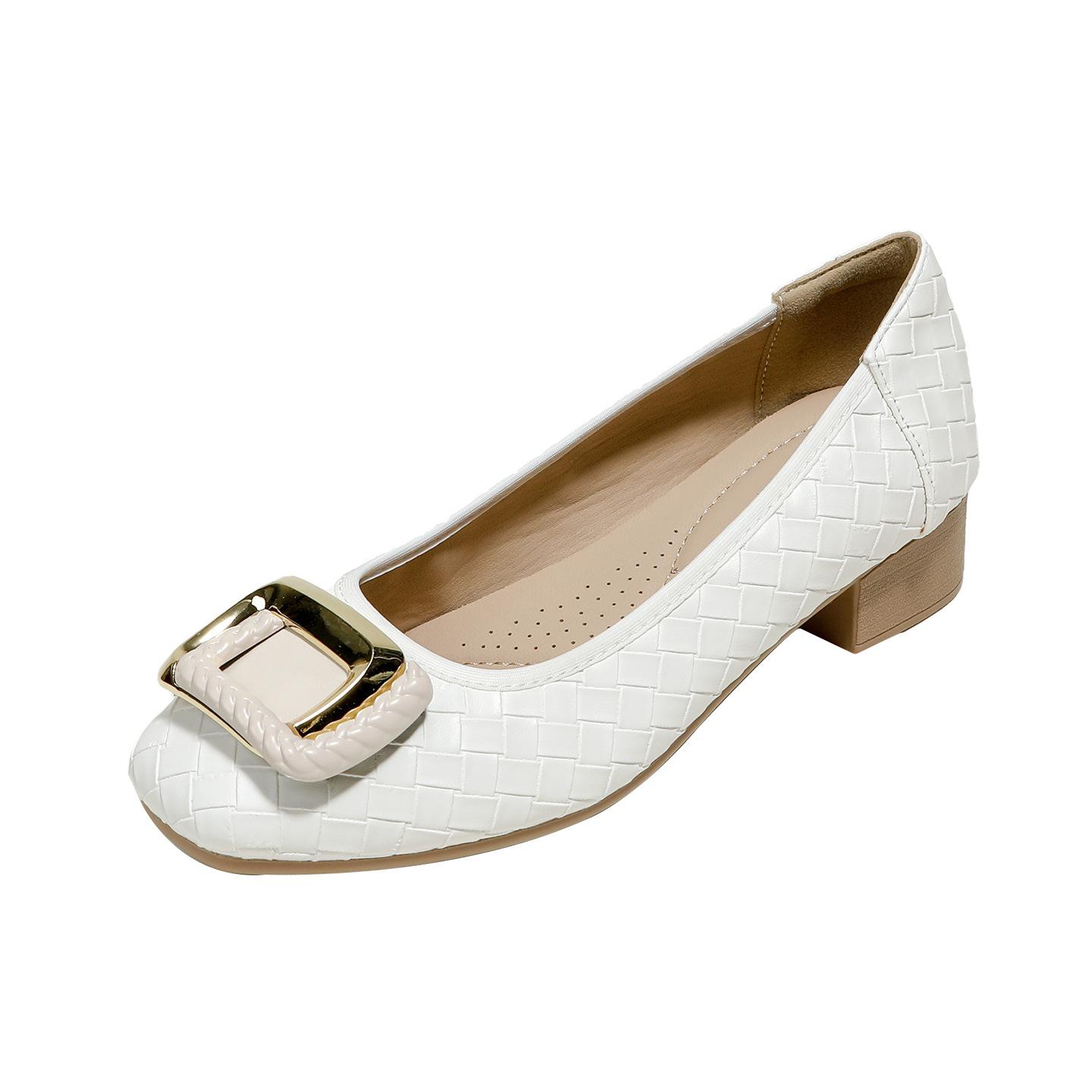 

Leather thick heel low heel single shoes femininity square head versatile fashion woven metal square buckle one pedal soft sole women s shoes 41
