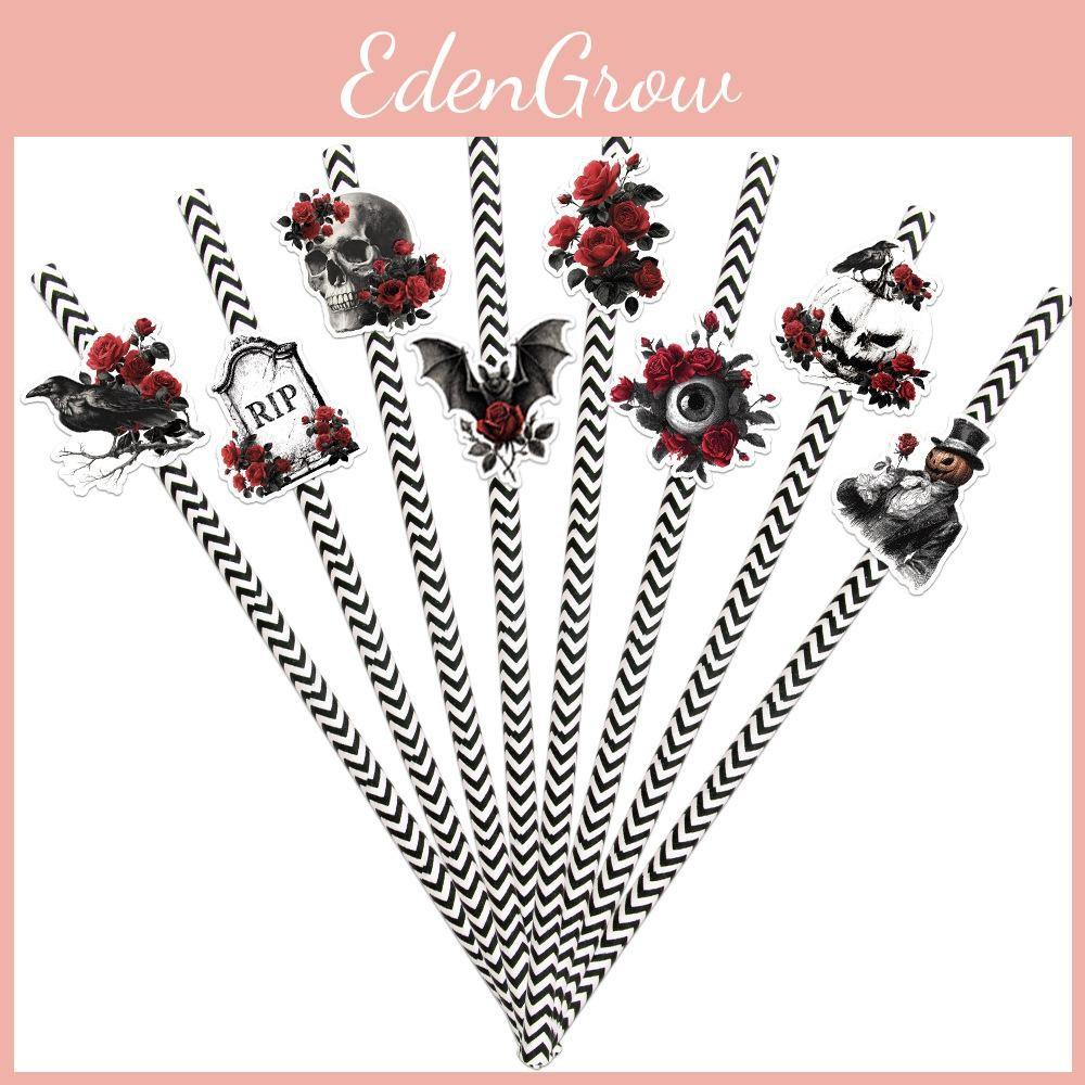 Rose Skull Halloween Paper Straw Set Parties Events Disposable Decor Beverage