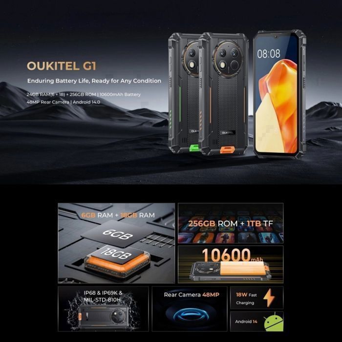 OUKITEL G1 Smartphone Robuste 24Go+256Go Écran 6.52" 10600mAh 48MP Caméra Telephone Incassable Dual SIM 4G /NFC/OTG/IP68 Orange