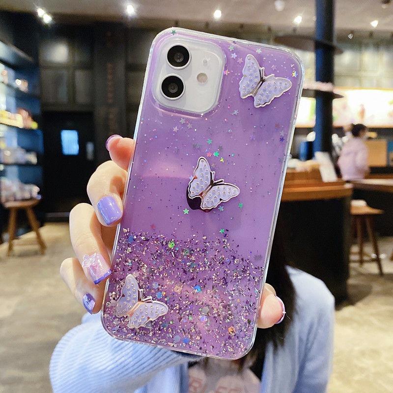 For iPhone 11 Case TPU Phone Protective Cover Sequins Epoxy Butterfly Design
