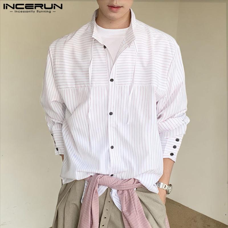 INCERUN Men Spring Stand Neck Long Sleeve Striped Casual Oversized Shirts Tops
