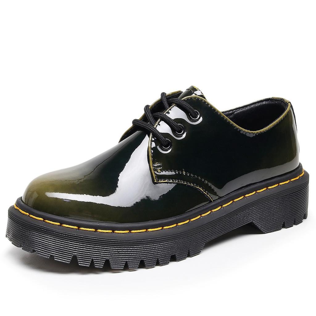 Medium and Thick Bottom Hole Small Leather Shoes Women's, Men's Low-top Leather Color-changing Green Round Head Casual Student Muffin Bottom Short