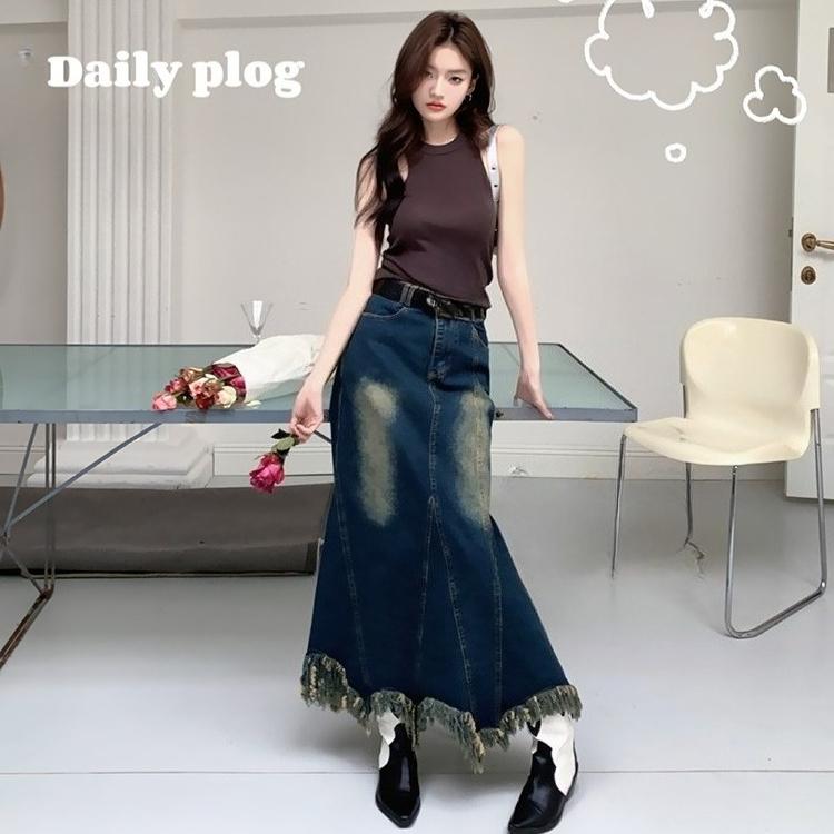 

Асимметричная джинсовая юбка для женщин, длинная юбка с бахромой, трендовая одежда XL синий