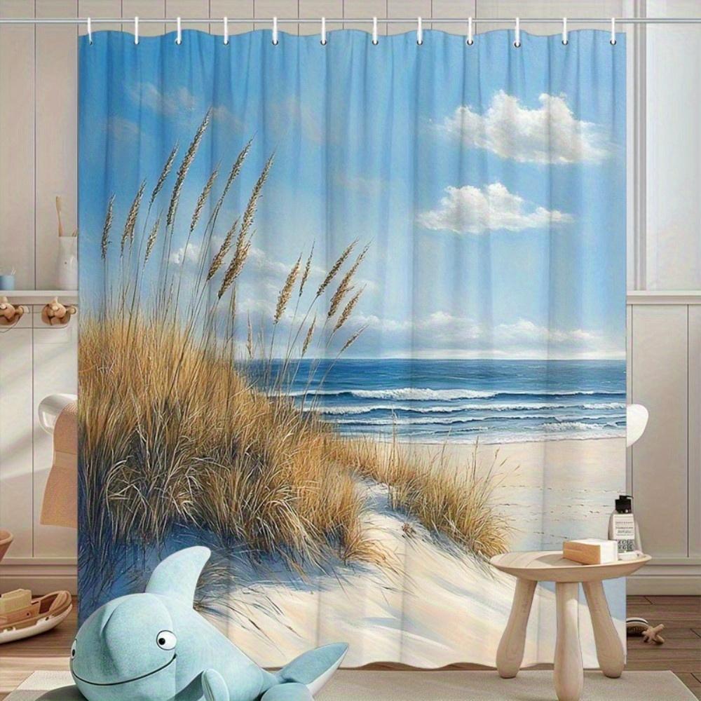 1 Stück Ruhiger Küstendünen Duschvorhang Mit Goldenem Sandstrand Design, Hochwertiges Polyester, Digitaldruck