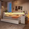 Upholstered 140x200 Daybed with USB Ports and LED Strip, with Pull-out Bed and Desk, White
