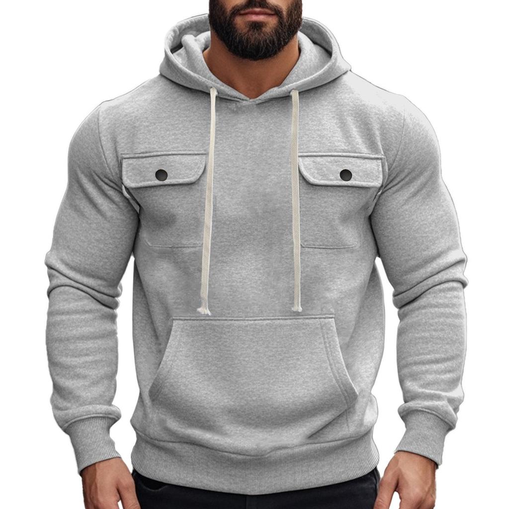 Men's American Style Heavyweight Plus Velvet Hooded Outdoor Workwear Sweatshirt - Multi-Pocket, Long Sleeve, Autumn/Winter Warmth