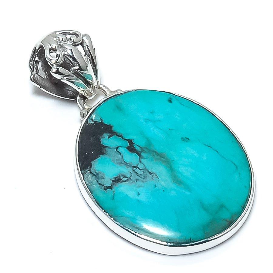 Natural Tibetan Turquoise Gemstone 925 Solid Sterling Silver Pendant 1.54" B1r39