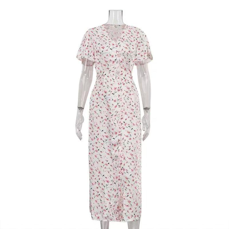 

European and American New V-neck Floral Temperament Strap Waist Hugging Dress V-Neck Lace up Floral Dress Apricot L