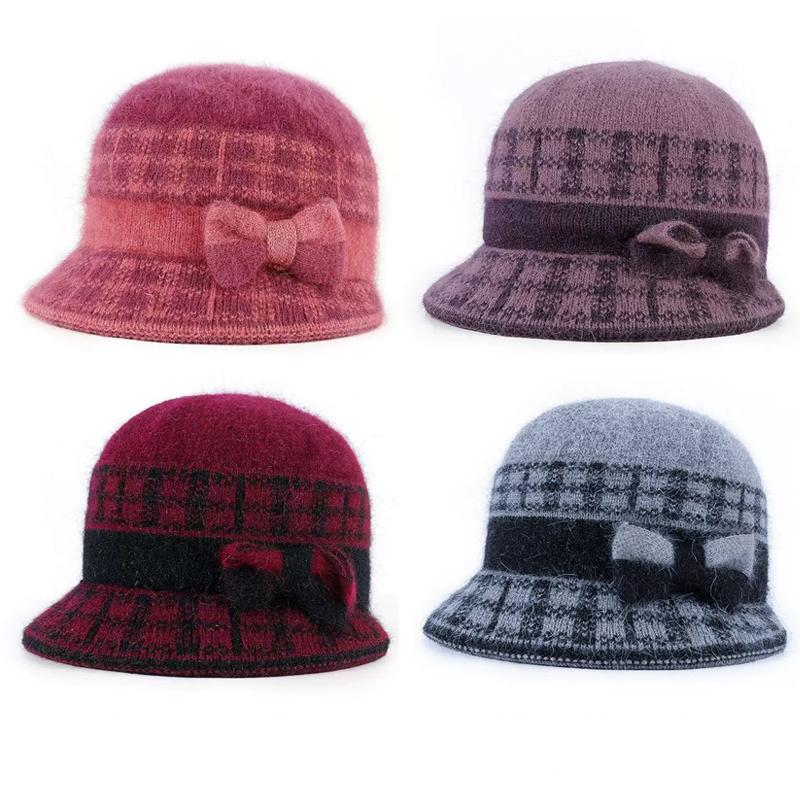 Fashion Outdoor Thickened Fleece Knitted Hat Winter Rabbit Fur Baseball Cap Warm Bow Basin Cap For Middle-Aged And Elderly
