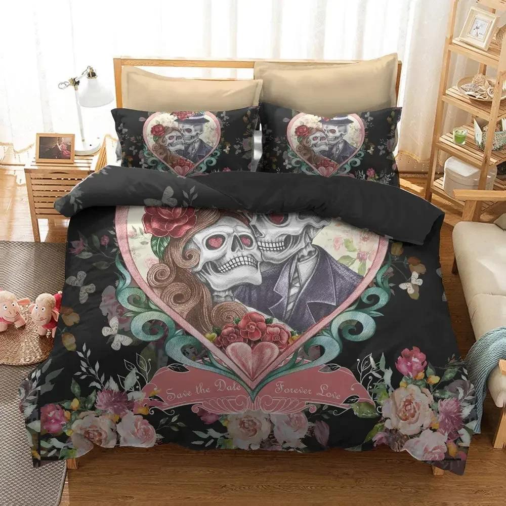 3D Sugar Skull Comforter Cover Set Twin Size Flowers Print Bedding Set Black Microfiber Polyester Duvet Cover Set