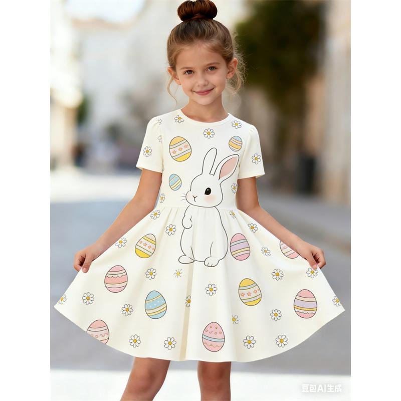 Girls' 3D Rabbit Print Summer Short Sleeve Dress | Crew Neck, A-Line Skirt, Perfect for Beach Outings and Casual Wear