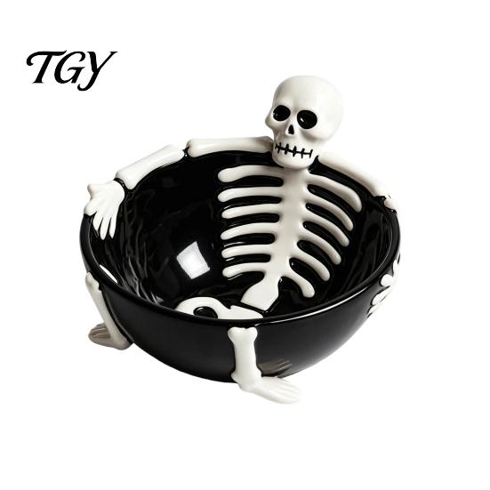Decorative Serving Tray Halloween Skeleton Lounging Tidbit Serveware, 3D Relief Resin Candy Bowl for Skull Party Platter Snacks Dips, Creative