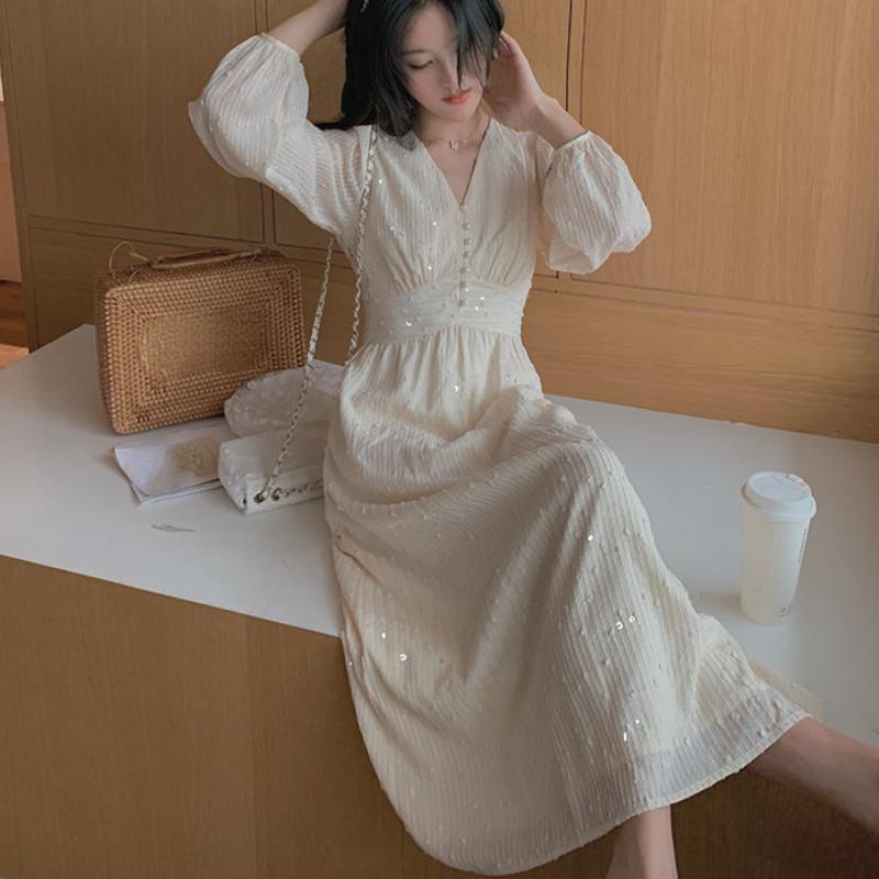 Vintage French Puff Sleeve Midi Dresses for Women Party Korean Sequins Dress Elegant Fairy Wedding Female Clothes Autumn 2024