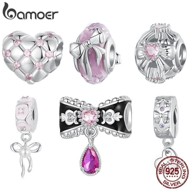 Bamoer Original 925 Silver Witch Knot Pendant Bow Charm Pink Love Beads DIY For Women Party Daily Gift Fine Jewlery