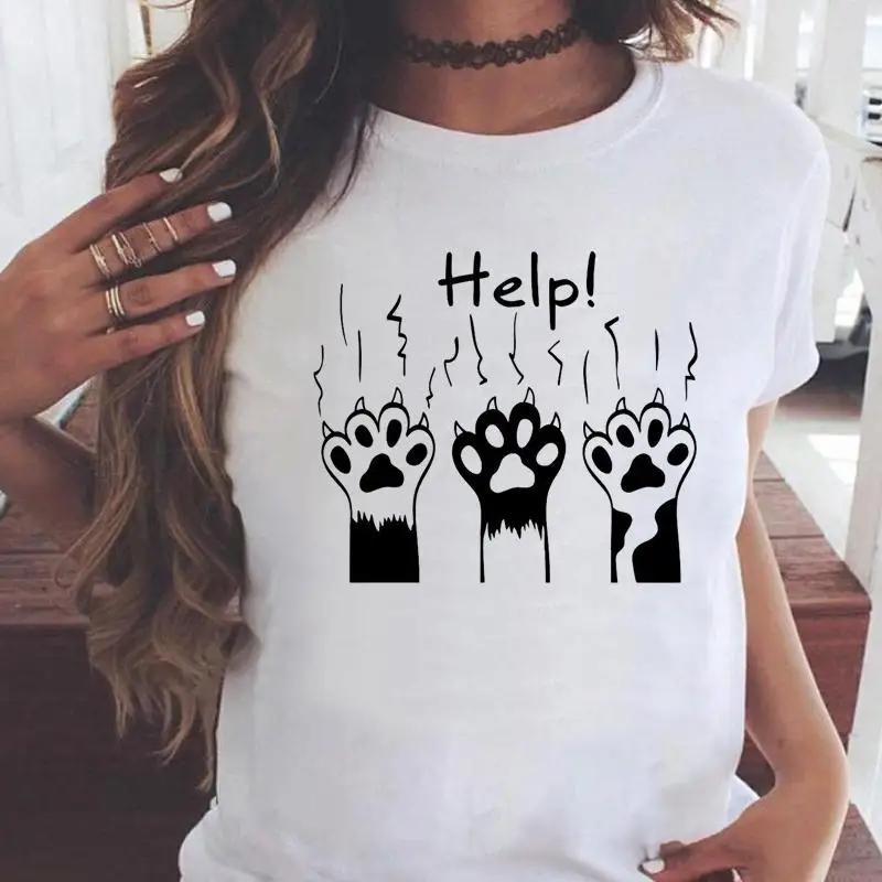 Fashion Women Cartoon Cat Love Pet Lovely Style Shirt Print T-shirts Stylish Short Sleeve Graphic T Top Female Tee T-Shirt