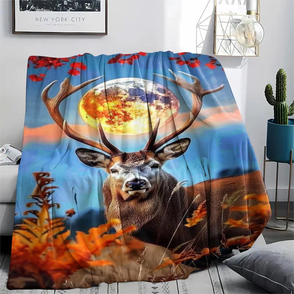 1Pc Deer in Forest Print Flannel Blanket, High quality Comfortable for All Seasons, Home Decor, Warmth and Comfort, Perfect for Gifts