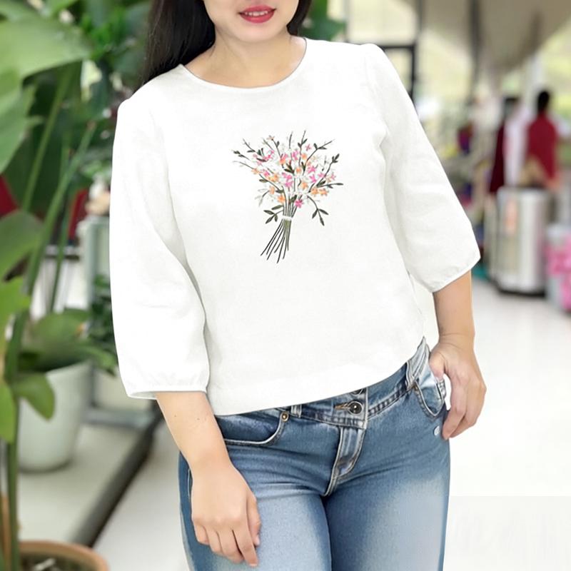ZANZEA Women Casual Round Neck 3/4 Sleeve Floral Embroider Blouse