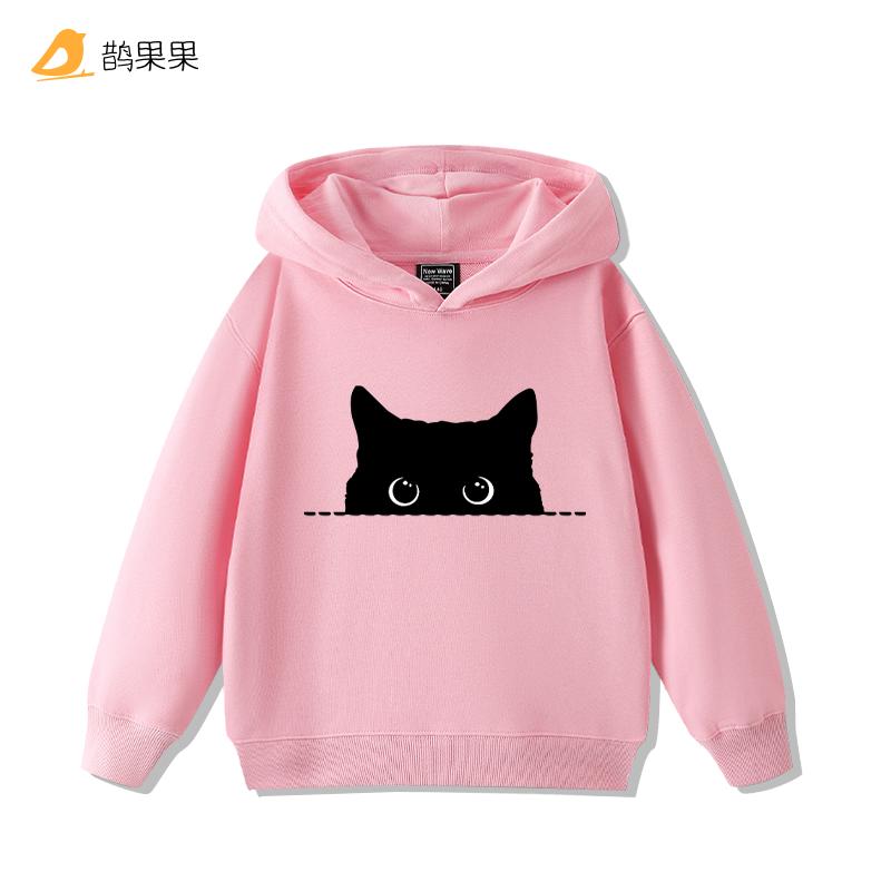 Mode Einfacher Katzen-Print Jungen Mädchen Lässiges Niedliches Sweatshirt Kinder Herbst und Winter Bequemes Warmes Kapuzen-Sweatshirt