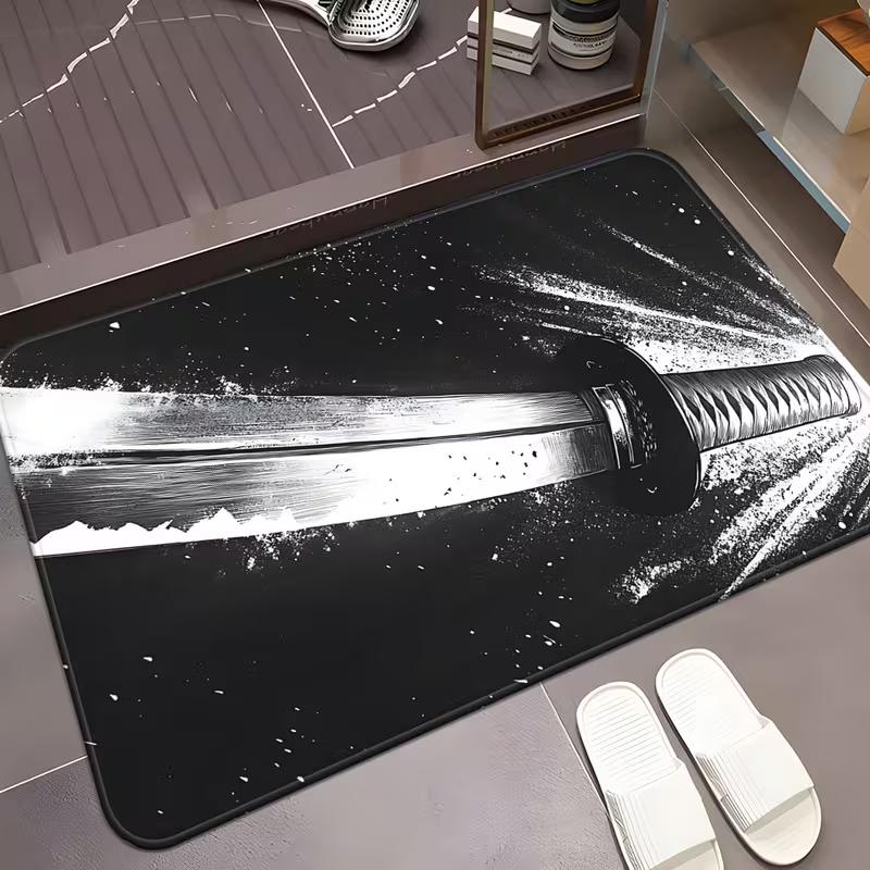 Illustrated Style Samurai Door Mat Ninja Samurai Moon Print Entrance Rug Soft Non-Slip Welcome Carpet for Asian Style Decor