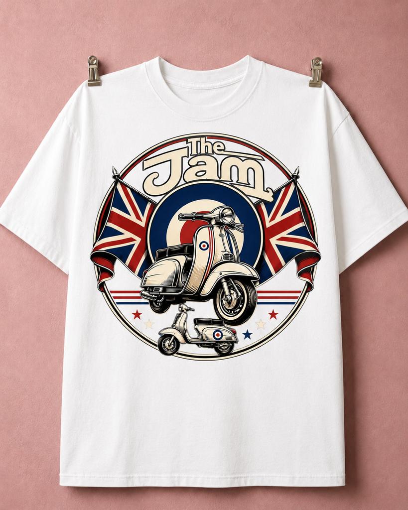 Unisexs Tshirt The Jam Mod Scooter Tshirt Union Jack Roundel And Vintage Vespa Style British Rock Music Retro Badge Graphic