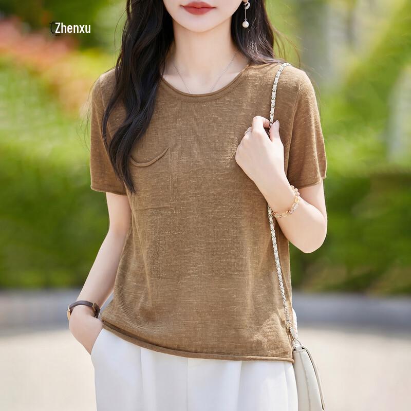 Women s Linen Blend Rolled-Edge Round Neck T-shirt M
