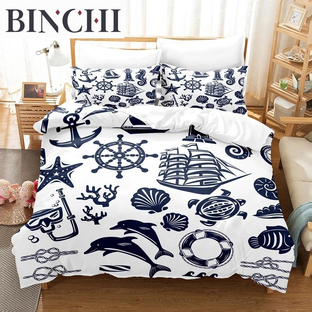 Nautical Bedding Set Ocean Anchor Duvet Cover Sailor Pirate Sea Adventure Bedspread For Kids Boys Navy Blue