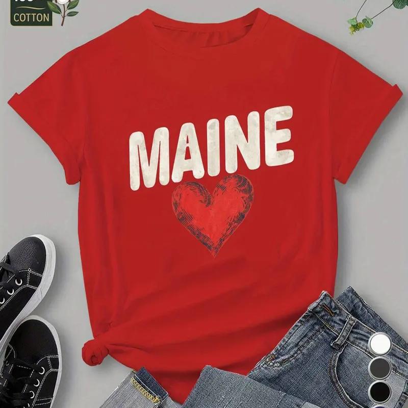 Women Summer T Shirt  Print Maine Short Sleeve Tees Casual   Printed  Tops
