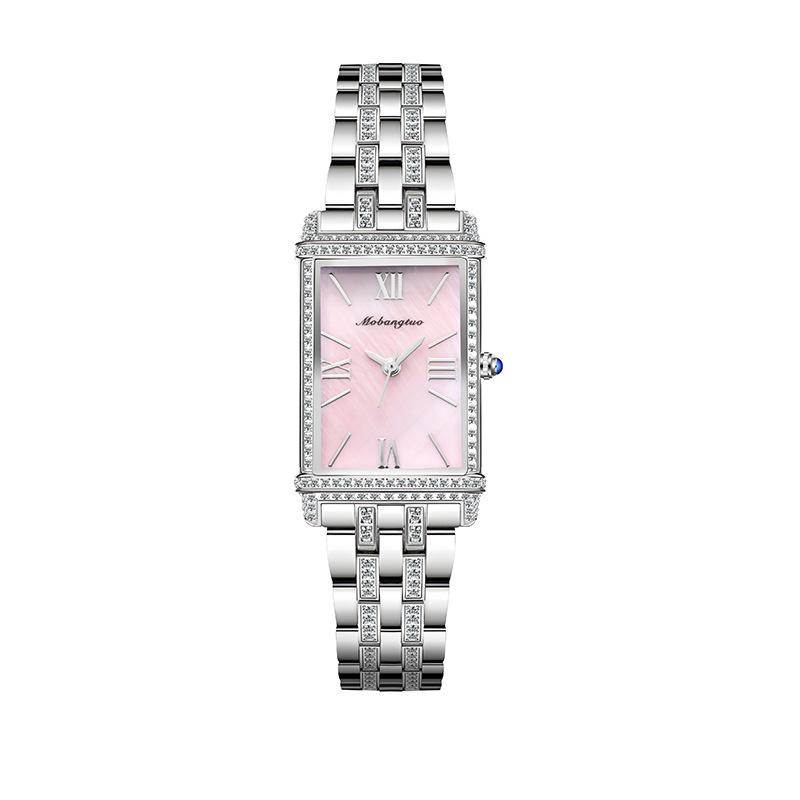 Diamantbesetzte quadratische Quarzuhr Damenmode Stahlarmband Schachbrettmuster Uhr Export