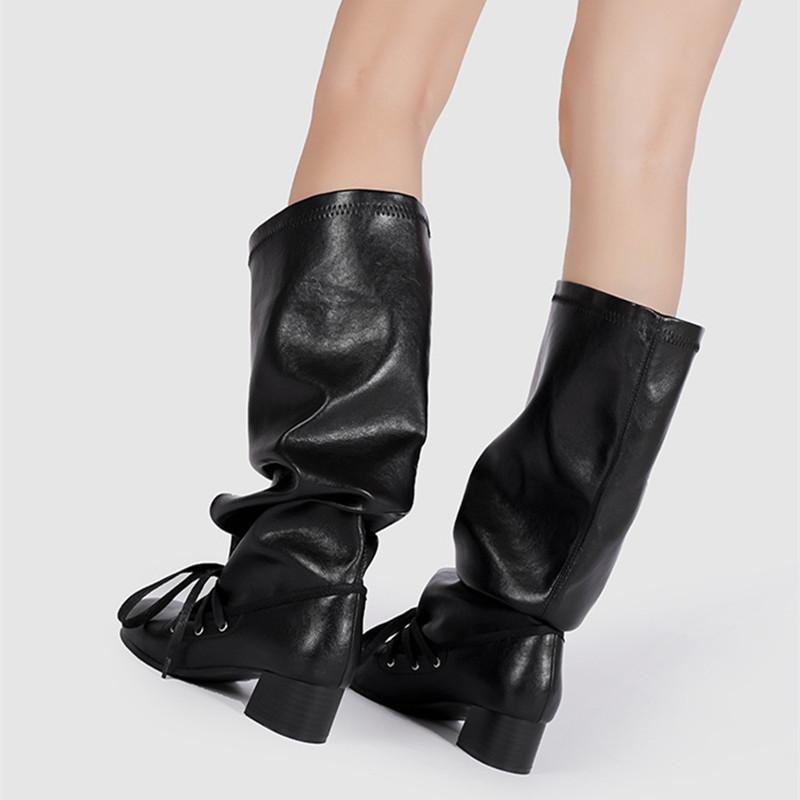 Ins style Fashion Round toe Soft Leather Pleated Women Knee-high Boots Autumn Winter Thick Heeled Casual Punk Knight Boots Shoes