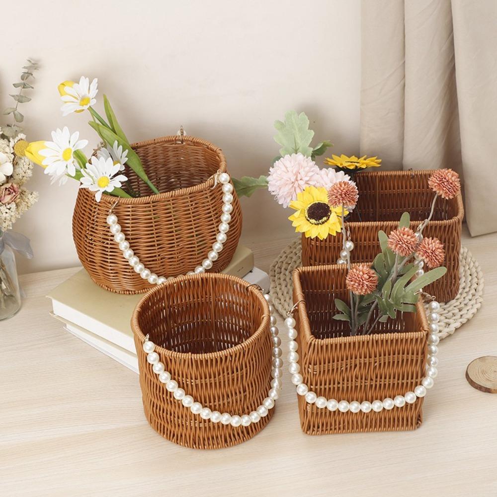Pearl Handle Woven Flower Basket Versatile Storage Basket Fashion Flower Basket Fruit Vegetable