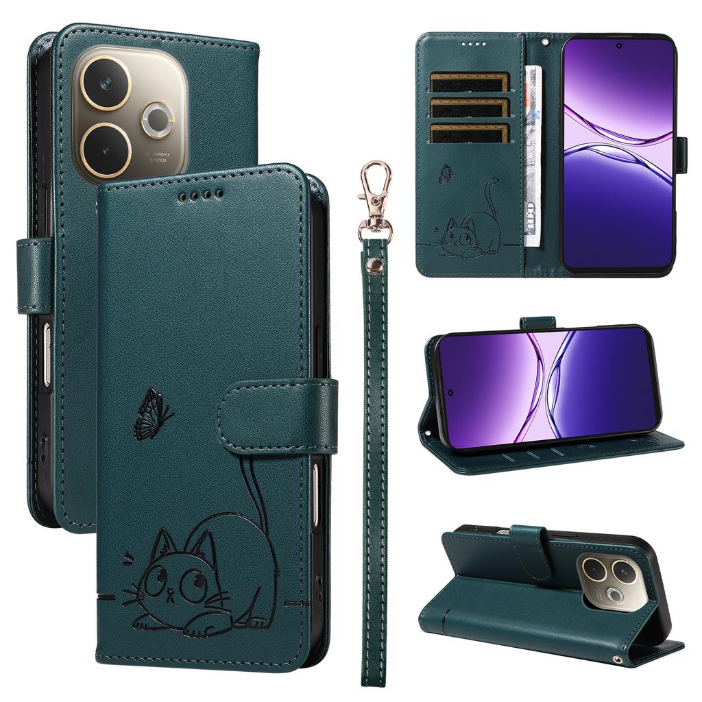 For Oppo A5 Energy 5G (China)/Oppo A5 Pro 5G (Global) Case Cat Pattern Imprint Leather Phone Cover with Wrist Strap