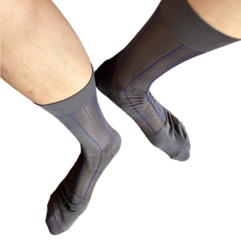 Mens Thin Dress Socks Silk Sheer Business Socks Contrast Color Ribbed Striped Pattern Middle Calf Socks for Formal Event