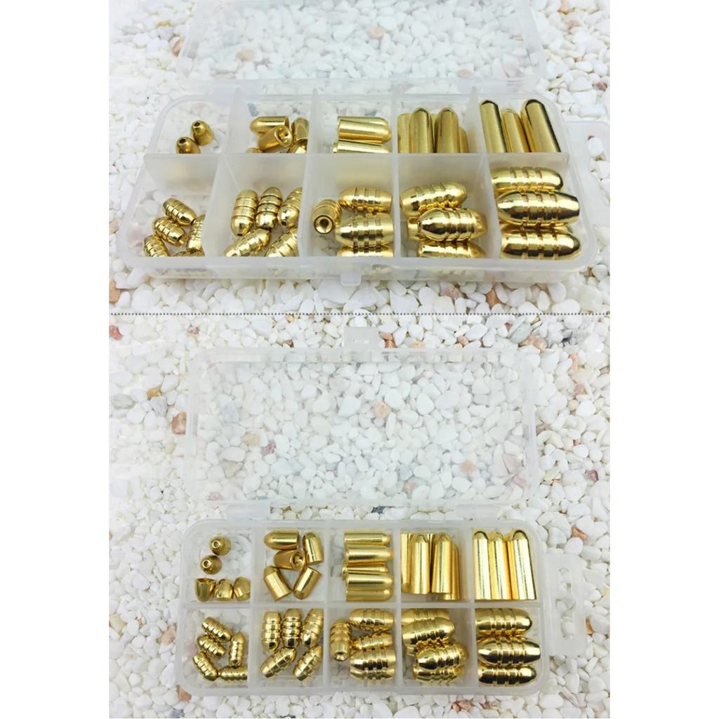 50Pcs/Set Copper Bullet Weights Fishing Sinkers In Plastic Fishing Accessories Tackle Box 1.8g/3.5g/5g/7g/10g Sinker Accessories